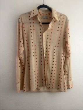 Macy's long-sleeve shirt beige multi-color polka dots semi-sheer material M